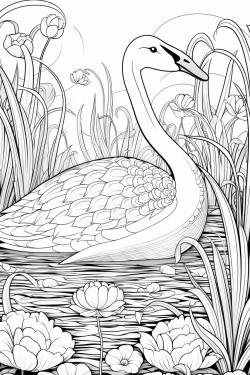 a swan gliding serenely across a peaceful pond surrounded by intricate lily pads and dragonflies