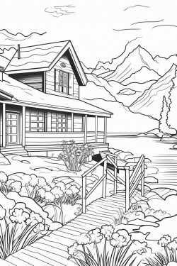switzerland landscape with a quaint stone house surrounded by flowers wooden dock extending into a lake