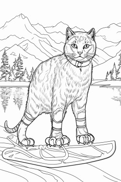 black cat wearing ice skates over a frozen lake in the woods