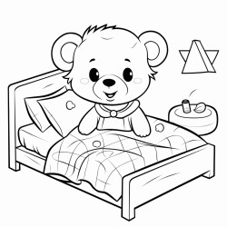 tedy sitting beside a bed with bedsheet square pattern