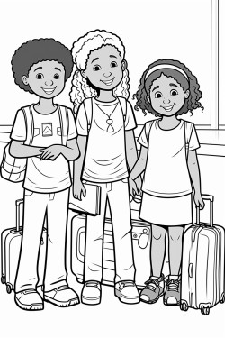 a small african american boy an asian girl and a caucasian girl with luggage in an airport terminal