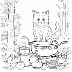 a cat cooking in the forest