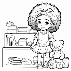 african american cute girl playing with dolls and a doll house