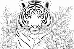 big tiger with tropical leaves or flowers