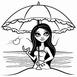 female vampire in bikini lyingunder umbrella at the beach