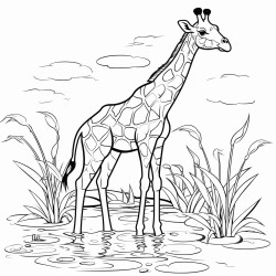 giraffe eating leaves in front of a pond