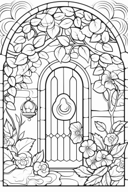 a cute cottage with vines and flowers glass stained window and a cute arched door no animals or people