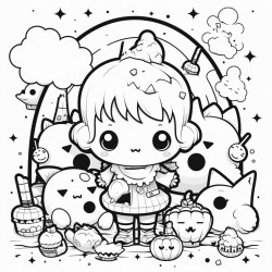 coloring page summer hallowen no background kawaii style white and black