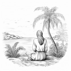 view of muslim lady from behind sitting under a palm tree
