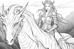 a warrior princess rides atop a great dragon