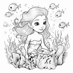 bolt and simpel black and wite coloring page of cute mermaid sarounded by sea creachers and seashells clipart style