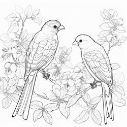 create a blackandwhite coloring page featuring birds perched on tree branches the birds should have bold clear outlines with large wings and simple features for easy coloring the branches should be detailed but uncluttered allowing for large spaces between the leaves and birds