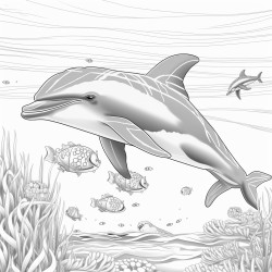create a blackandwhite coloring page featuring playful dolphins swimming in the ocean the dolphins should have bold clear outlines with one jumping above the waves include details like swirling water patterns seaweed and small fish leaving ample space for easy coloring