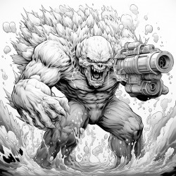 monster made of lava shooting a lava minigun