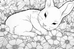 a baby rabbit sleeping in a bed of flowers