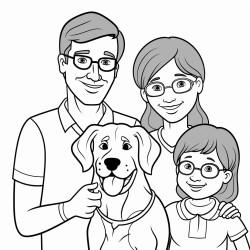 a mom dad and beagle with a five year old girl wearing pigtail braids and glasses