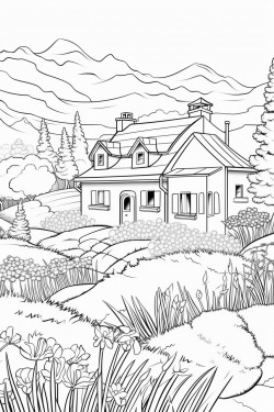 switzerland landscape with a quaint stone house surrounded by flowers and a cypress tree a foxe in lavender fields