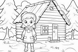 a cute little girl in a forest standing in front of a wooden cottage