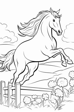 create a drawing of a beautiful horse jumping over an obstacle in a green meadow capture the horses dynamic posture in midair with a background of trees flowers and a blue sky use a light and colorful style with clear outlines to convey joy and freedom
