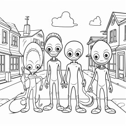a group of aliens standing in the middle of a street