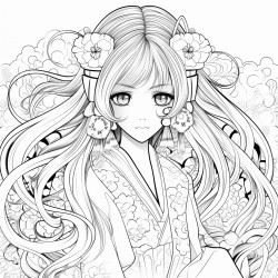 anime style detailed feminine kimono girl with big eyes and shiny long hair