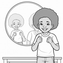 a cheerful illustration of a black child holding a mirror and smiling at their reflection