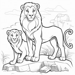 a lion and a lioness standing in a rock
