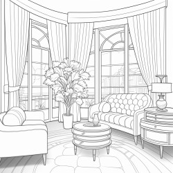 art deco living room tall windows floral curtains