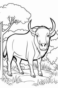 a tamaraw buffalo standing in a clearing in a forest with tall trees and shrubs around it