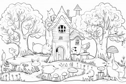 majestic trees woodland animals deer foxes owls mushroom patches flowing streams and cozy cabins