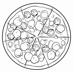 black and white coloring book drawing only thick outlines no grayscale for children in cartoon style pizza with toppings