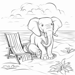 ein elefant trgt einen schwimmreifen und sitzt in einem klappstuhl am strand