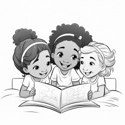 3 little afrolatina girls ages 2 4 and 5 smiling while reading a book on a bed