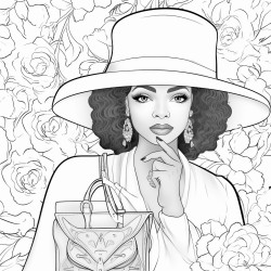 african american woman in fall clothes with pocketbook hat jewelry and makeup with floral background coloring page