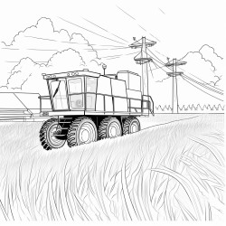 combine in a field with powerlines in the back ground