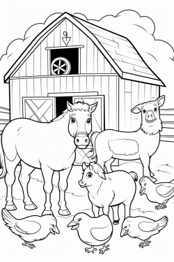 a cute barn with numerous cute animas as cow hen horse duck turkey sheep and donkey