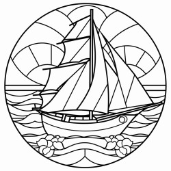 a catalina sailboat with full sails and makebit a stained glass style