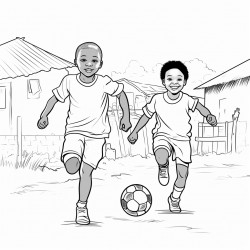 professional sketch drawing of african boy and a girl chlid playing football in a village for a coloring book