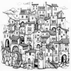 a whimsical italian village with cats