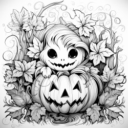 cute spooky pumpkin surrounded by leaves