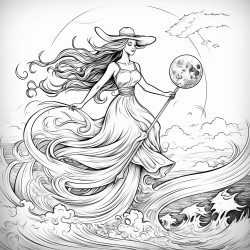 a witch riding a broom infront of a full moon