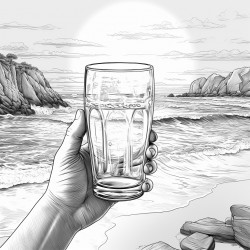 hand holding a beer glass with beach in background