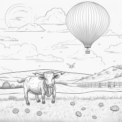 a cow in a field it is her birthday and she has an orange cupcake there is a tornado in the background throwing a hay bale a ufo is picking up a cow with a yellow balloon