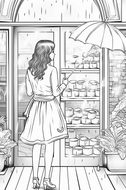 raining standing girl back window bookshelf coffee