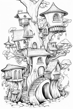 elves village with little treehouses and flying elves