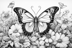 a complex labyrinth set in a garden with flowers and butterflies along the path