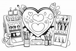 art studio with all kind art supplies making a heart shape on outline style