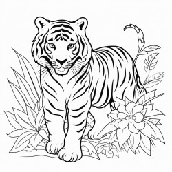 big tiger with tropical leaves or flowers