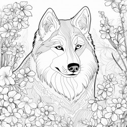 a husky dog in front of flowers and treea
