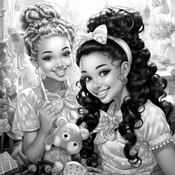 two african american fairies with ponytails with bows playing together in a bedroom full of toys